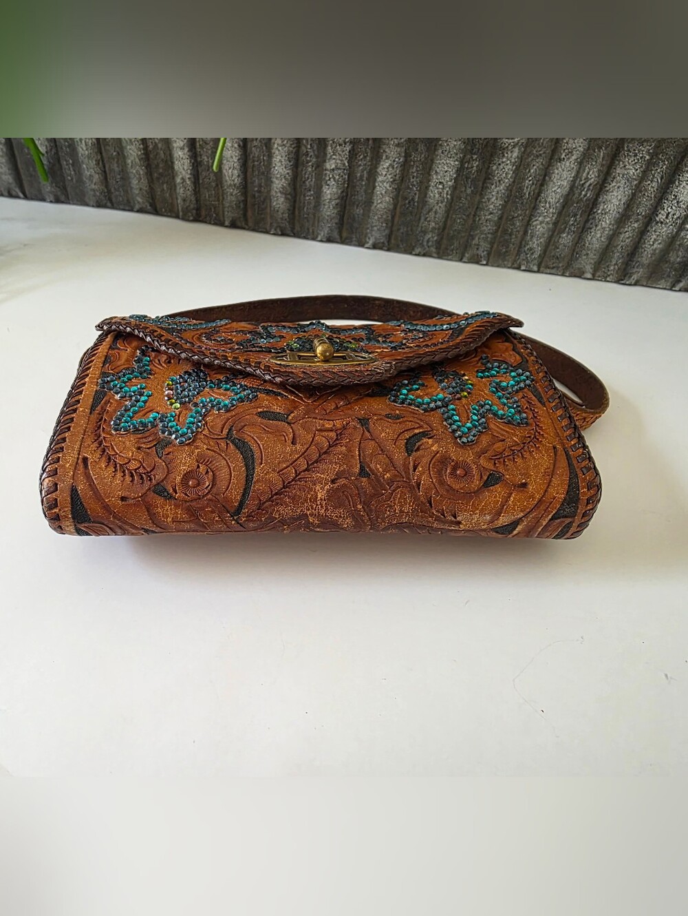 Vintage Roth & Madge Swarovski Crystal Tooled Leather Mini Bag Wristlet - Picture 11 of 17